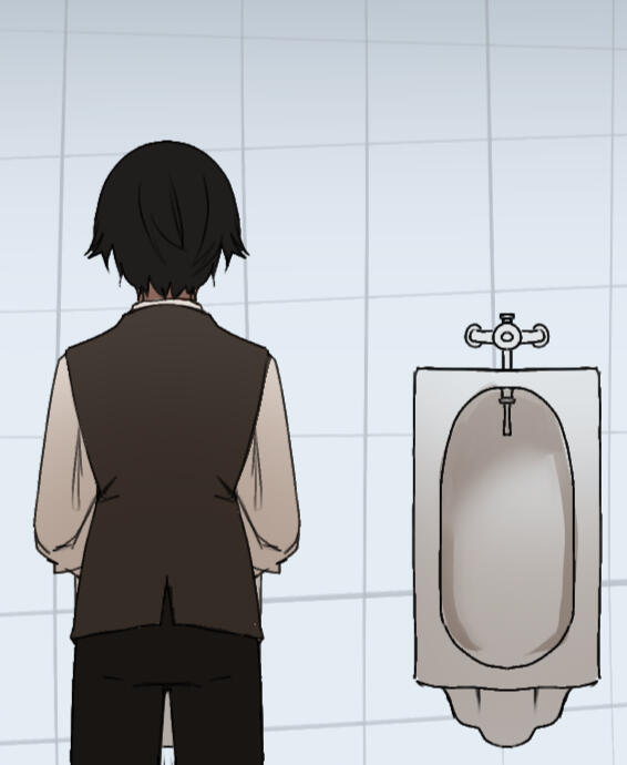 Anime Illustration of James Balgair, a mascot character of Akiko, standing inside of a mens toilet with his back turned to the viewer. He is wearing a beige shirt with brown waistcoat and black pants.