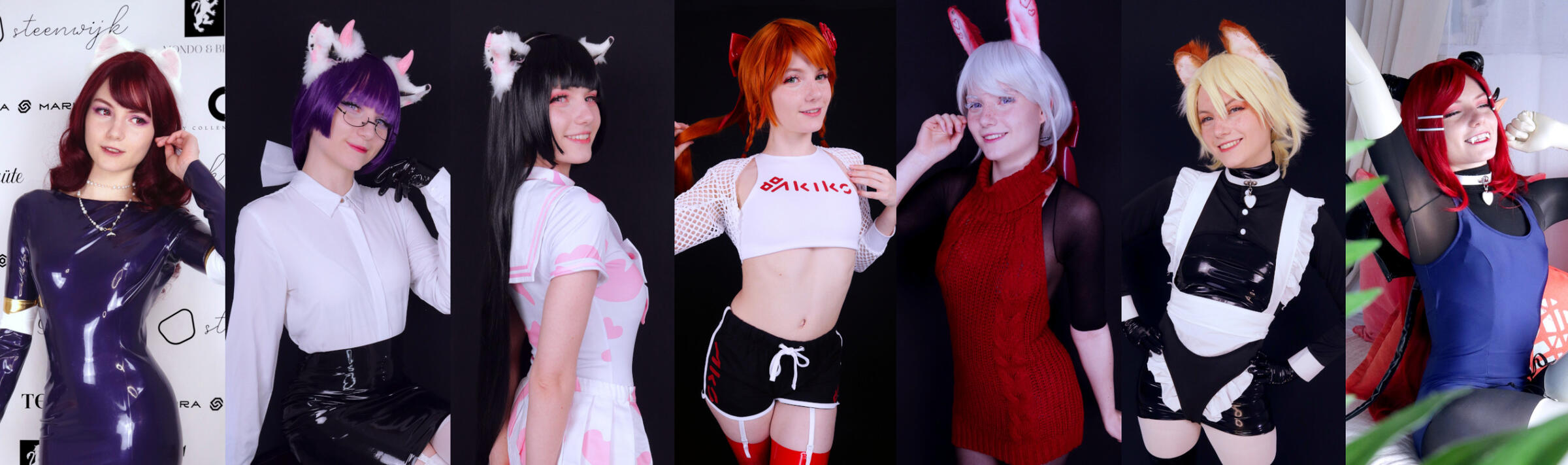 Photography pictures of MC, a Cosplayer of Akiko portraying various characters of Akiko. From left to right: Heidi Ermel-Lino, Ethel von Holstein, Malina von Holstein, Elena de Haes, Neva de Haes, Silvan Wilk and Cursed Captain Cordelia