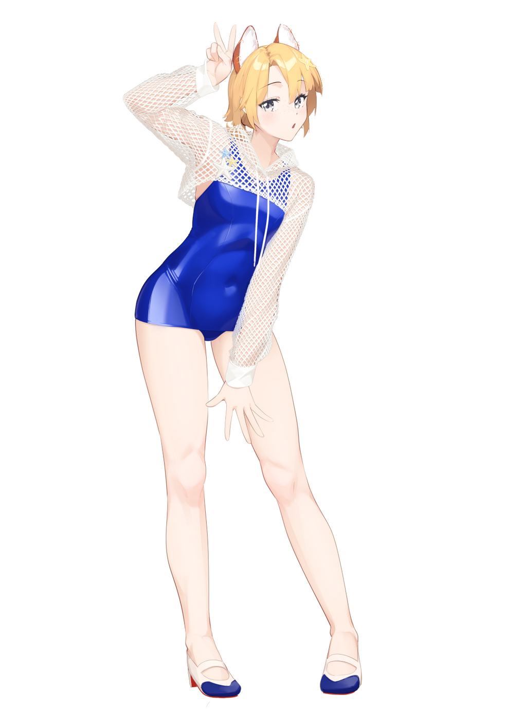 Anime Illustration of Silvan Wilk, a mascot character of Akiko, wearing a sailor bunny cosplay costume with a black miniskirt, black tights and showing a peace sign with an extended arm.