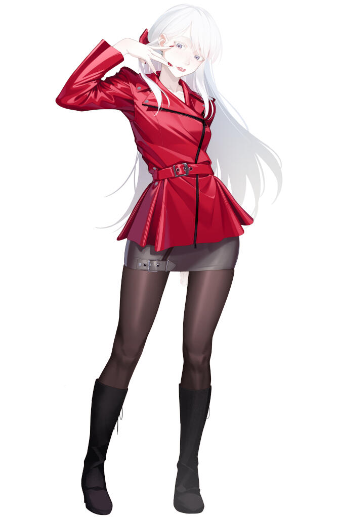 Anime Illustration of Neva de Haes, a mascot character of Akiko, wearing a casual wine red dress, shorts with white rims and black tights holding a brown backpack in her right hand.